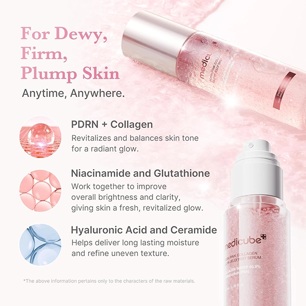 میست ژلی جوانساز و ضدچروک کلاژن صورتی PDRN مدی کیوب مدل Pink Collagen Glow Jelly Mist Serum - تصویر 4