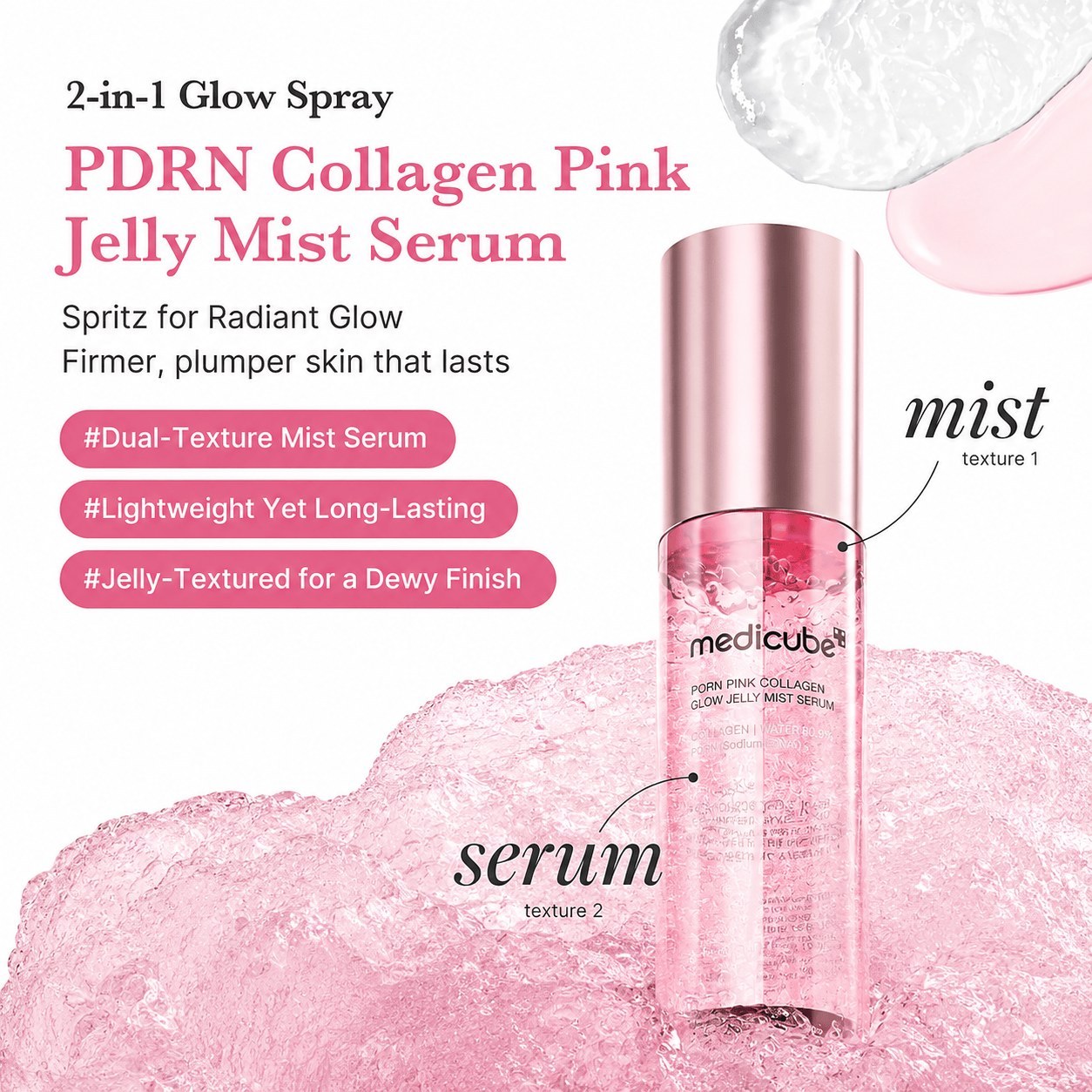 میست ژلی جوانساز و ضدچروک کلاژن صورتی PDRN مدی کیوب مدل Pink Collagen Glow Jelly Mist Serum - تصویر 5