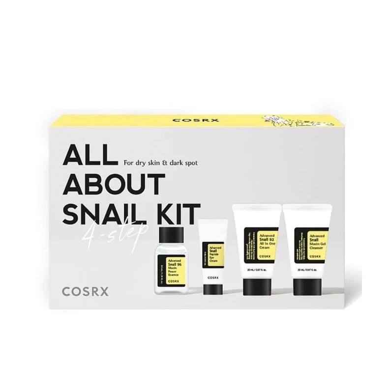 پک 4 مرحلهای حلزون کوزارکس مدل COSRX All About Snail Kit مجموعه کامل ترمیم، آبرسانی و جوانسازی پوست