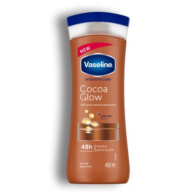 لوسیون بدن وازلین مدل Cocoa Glow حجم 400 میلی‌لیتر | مرطوب کننده و نرم کننده پوست خشک با کره کاکائو و شی باتر