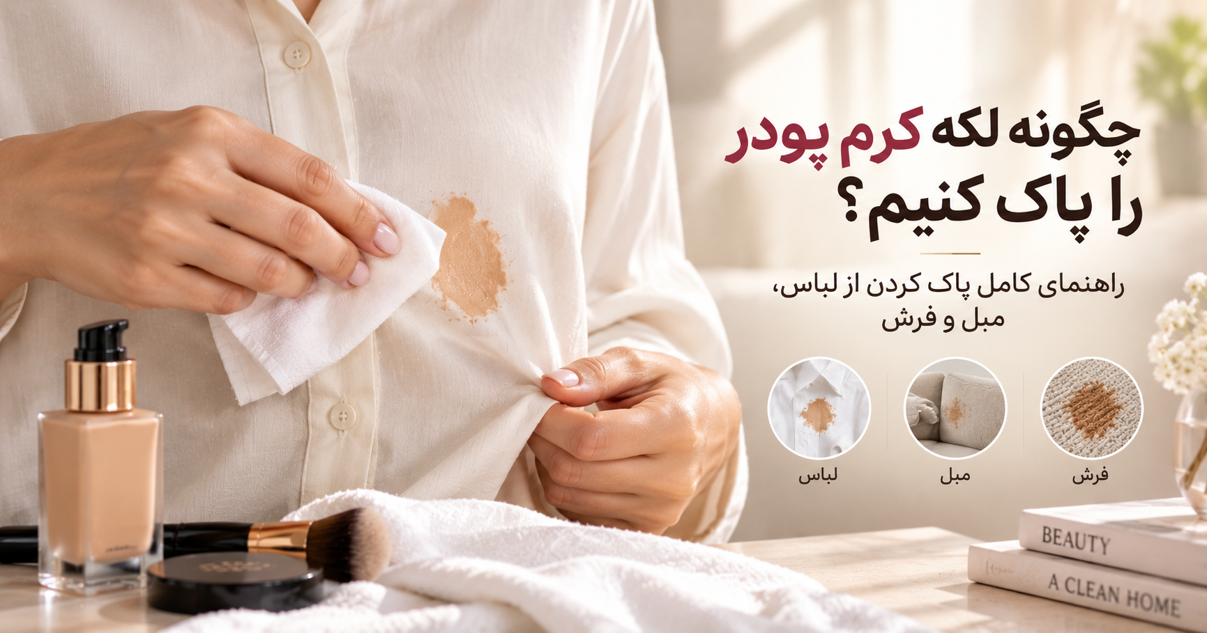 چگونه لکه کرم پودر را پاک کنیم؟ راهنمای کامل پاک کردن از لباس، مبل و فرش